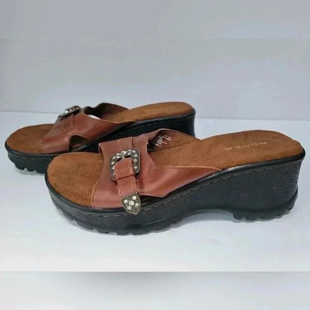 Roper Women's Chunky Heel Platform Leather Sandals Size 9 - Picture 2 of 5